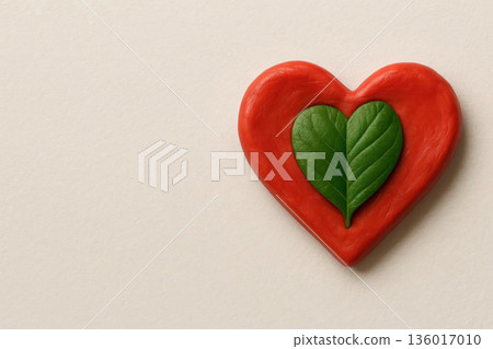 A red heart made of plasticine with a green leaf inside. Space for text. A red heart made of plasticine with a green leaf inside. Space for text. 136017010