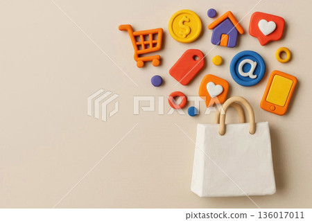 White bag with plasticine online shopping icons. Space for text. White bag with plasticine online shopping icons. Space for text. 136017011