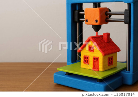A 3D printer prints a miniature house. Space for text. A 3D printer prints a miniature house. Space for text. 136017014