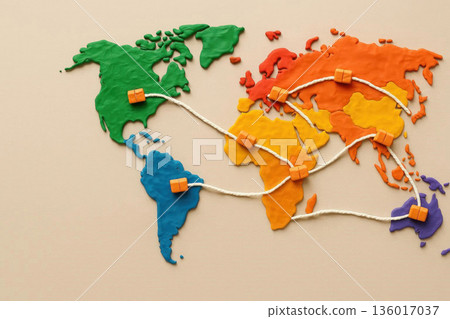 Plasticine world map with global connection lines. Space for text. Plasticine world map with global connection lines. Space for text. 136017037