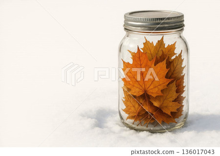 Autumn leaves in a glass jar on the snow. Space for text. 136017043