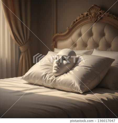 A white mask lying on a pillow in the bedroom. A white mask lying on a pillow in the bedroom. 136017047