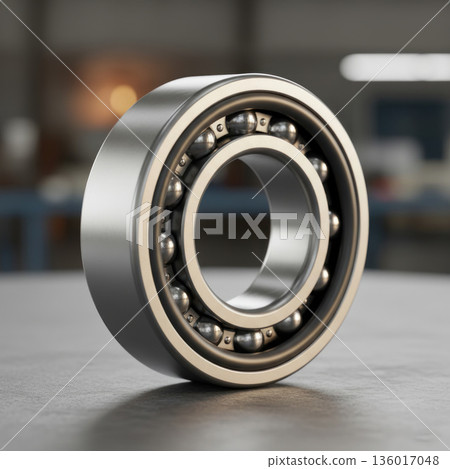 Close-up of a steel ball bearing on a table. Close-up of a steel ball bearing on a table. 136017048