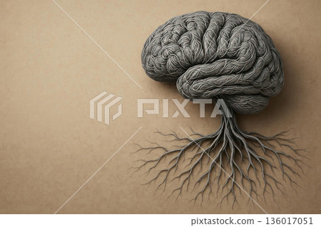 The brain is made of intertwined threads with roots in the background. Space for text. 136017051