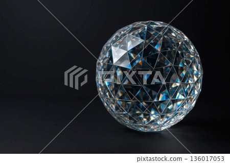 Transparent crystal ball with geometric pattern on black background. Space for text. Transparent crystal ball with geometric pattern on black background. Space for text. 136017053