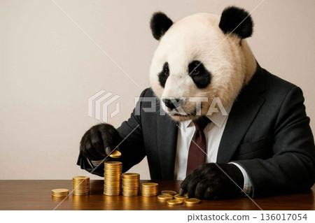A panda in a business suit counting gold coins at the table. Space for text. A panda in a business suit counting gold coins at the table. Space for text. 136017054