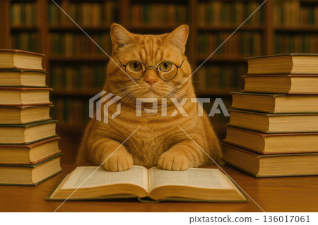 A ginger cat with glasses is reading a book in the library. 136017061