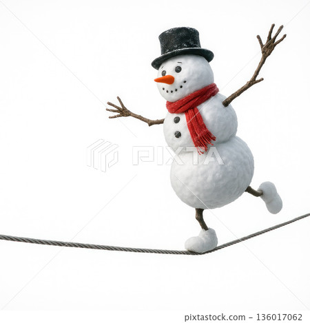 A cheerful snowman balances on a rope in winter. Space for text. A cheerful snowman balances on a rope in winter. Space for text. 136017062