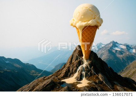 A giant ice cream in the form of a mountain from which a river flows. A giant ice cream in the form of a mountain from which a river flows. 136017071