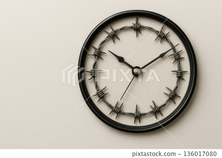 Wall clock with barbed wire dial. Space for text. Wall clock with barbed wire dial. Space for text. 136017080