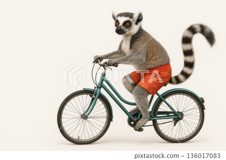 A lemur in orange shorts rides a green bicycle. Space for text. A lemur in orange shorts rides a green bicycle. Space for text. 136017083