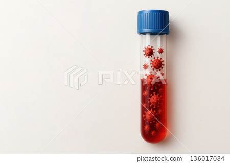 A test tube with a red liquid and viral particles inside. Space for text. 136017084