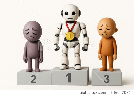A robot with a gold medal on a pedestal among sad people. A robot with a gold medal on a pedestal among sad people. 136017085