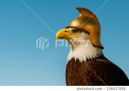 An eagle in a golden helmet symbolizes protection and strength. Space for text. An eagle in a golden helmet symbolizes protection and strength. Space for text. 136017092