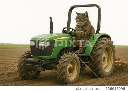 A cat driving a tractor on arable land. A cat driving a tractor on arable land. 136017096