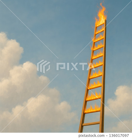 A wooden staircase burns with fire against the background of the sky. Space for text. A wooden staircase burns with fire against the background of the sky. Space for text. 136017097
