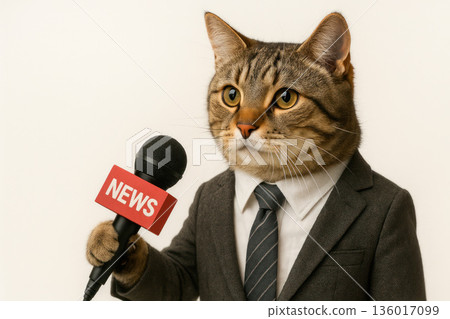 A reporter cat with a microphone in a suit. Space for text. A reporter cat with a microphone in a suit. Space for text. 136017099
