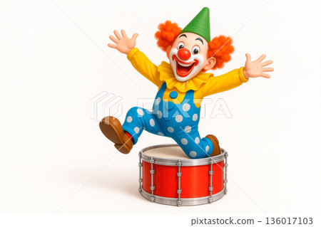 The clown jumps on the drum with a smile. Space for text. 136017103