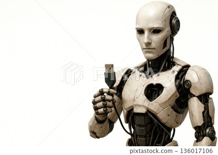 The robot holds a USB instead of a heart. Space for text. The robot holds a USB instead of a heart. Space for text. 136017106