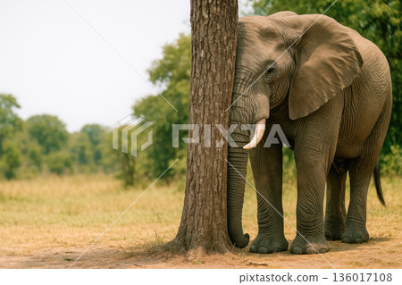 An elephant hides behind a tree in the savannah. An elephant hides behind a tree in the savannah. 136017108