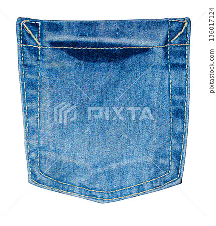 Blue jeans denim pocket with stitching on transparent background 136017124