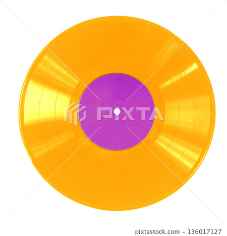 Golden vinyl record disk with purple label for music 136017127