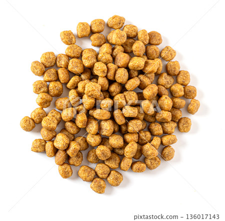 Dry pet feed kibble pile for animal nutrition 136017143