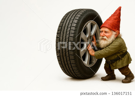 A gnome pushes a huge car wheel. Space for text. 136017151