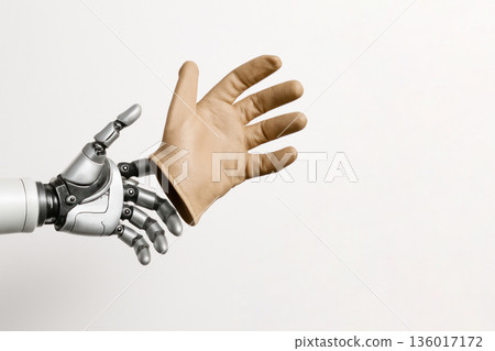 The robotic arm puts on a realistic human glove. Space for text. The robotic arm puts on a realistic human glove. Space for text. 136017172