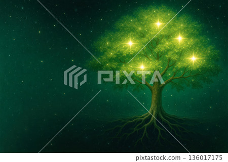 A glowing tree with roots and stars against the background of space. Space for text. A glowing tree with roots and stars against the background of space. Space for text. 136017175