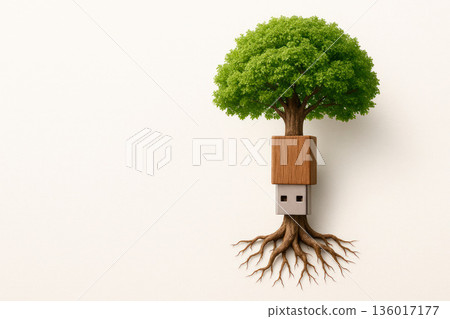 A tree in the shape of a USB flash drive with roots. Space for text. 136017177