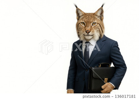 Lynx in a business suit with a briefcase. Space for text. Lynx in a business suit with a briefcase. Space for text. 136017181