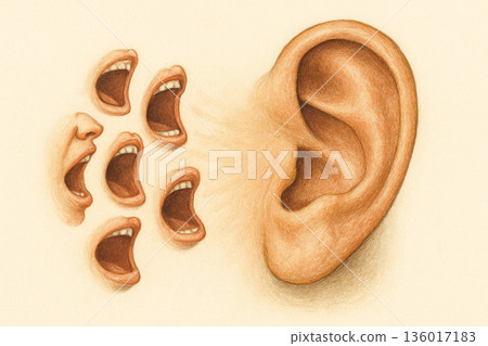 Several mouths scream into a large human ear. 136017183