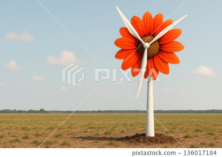 A wind turbine in the form of a flower in a field. Space for text. 136017184