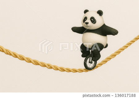 A panda on a unicycle balances on a rope. Space for text. A panda on a unicycle balances on a rope. Space for text. 136017188