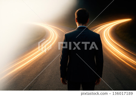 A man in a suit stands in front of two roads. Space for text. 136017189