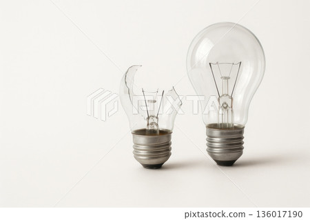 A whole and broken light bulb nearby. Space for text. 136017190