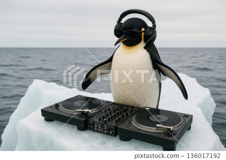 Penguin DJ in headphones playing music on an ice floe. 136017192