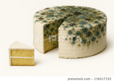 A spoiled cake with mold and a fresh piece. Space for text. 136017193