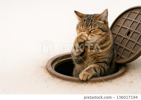 The cat covers his nose, peeking out of the sewer hatch. Space for text. 136017194