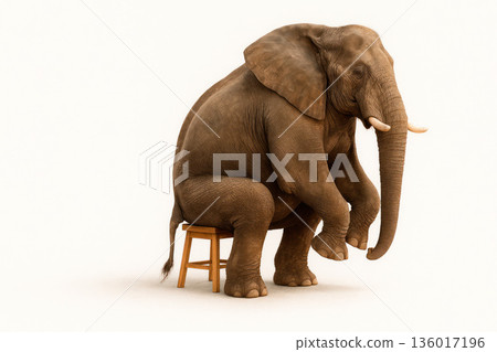 The elephant is sitting on a small chair. Space for text. The elephant is sitting on a small chair. Space for text. 136017196
