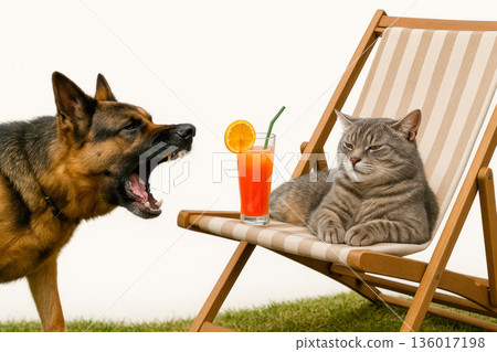 A dog barks at a cat with a cocktail. Space for text. 136017198