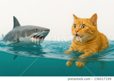 A ginger cat with frightened eyes runs away from a shark in the water. A ginger cat with frightened eyes runs away from a shark in the water. 136017199