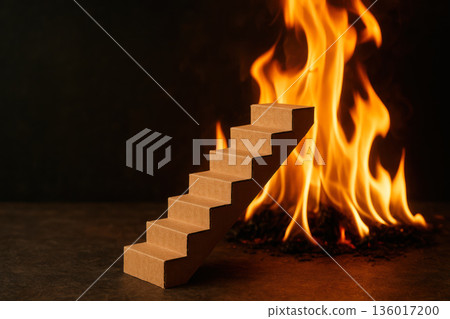 A cardboard staircase aimed at a fiery flame. Space for text. 136017200