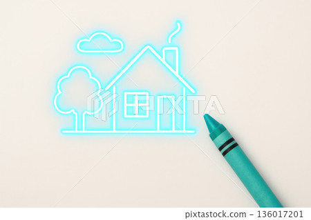 Wax crayon draws a neon house with a tree. Wax crayon draws a neon house with a tree. 136017201