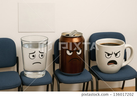 A glass of water, a jar and a cup of coffee at a psychologist's appointment. Space for text. A glass of water, a jar and a cup of coffee at a psychologist's appointment. Space for text. 136017202