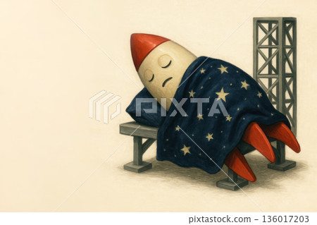 Rocket sleeps under a blanket of stars on the launch pad. Space for text. Rocket sleeps under a blanket of stars on the launch pad. Space for text. 136017203