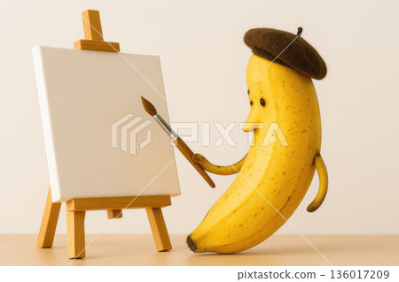 Banana in a beret draws a picture on an easel. 136017209