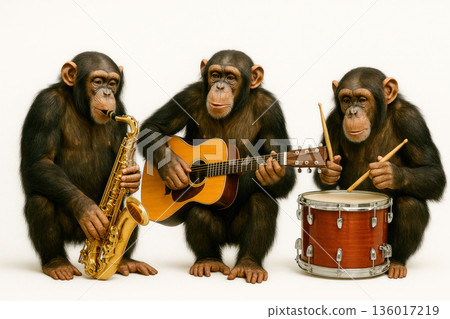 Monkeys play the saxophone, guitar and drum. Monkeys play the saxophone, guitar and drum. 136017219