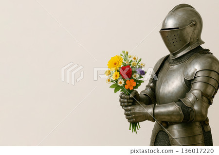 A knight in steel armor holds a bouquet of bright flowers. Space for text. 136017220